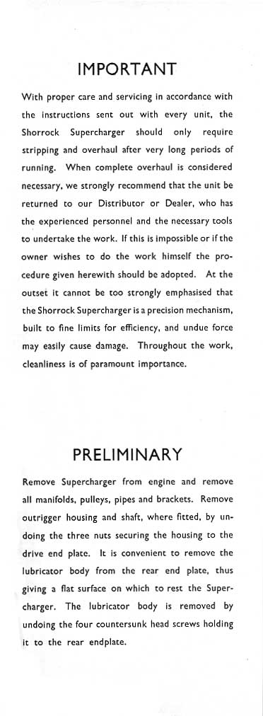 Shorrock Supercharger Instructions for Dismantling and Reassembling